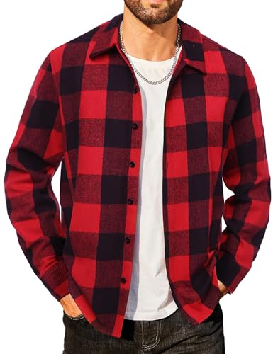 COOFANDY Herrskjorta, flanellskjorta, rutig, långärmad, ledig, button down, fritidsskjorta, normal passform, kostymer, skogshuggare, skjortor, Röd och svart, XL