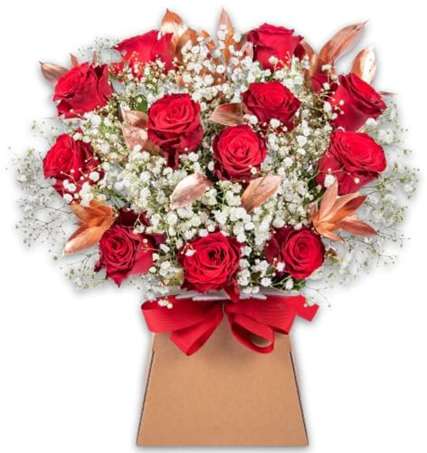 Romantic Roses Fresh Flower Bouquet in Presentation Vase | 12 Red Roses, White Gypsophila & Copper Ruscus | Natural Card Vase and Red Satin Ribbon | AMFL006