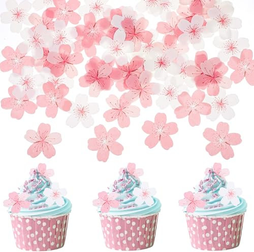 AOZUO 60 Pcs Topper per Cupcake con Fiori Commestibili, Decorazioni per Torte in Carta Commestibile con Fiori di Ciliegio Decorazioni per Torte Cupcake per Compleanni, Natale, Feste, Torte Nuziali
