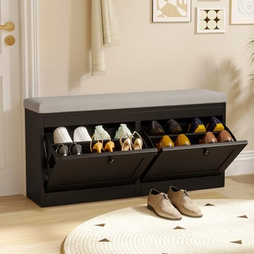 VOWNER Meuble Chaussures, Banc de Rangement à Chaussures, avec Coussin Confortable, Meuble d'entrée Rangement pour Chaussures, 106 x 31 x 52 cm, Séparateurs Réglables (Noir)