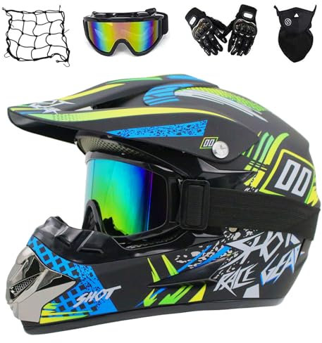 MRDEER Fullface Motocross Helm Kinder, Downhill Motorradhelm Set mit Handschuhe Maske Brille Helmnetz, Motorrad ATV Enduro D.O.T Crosshelm Motorradhelm für Damen Herren (M 54-55CM,Schwarz Blau)