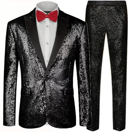 Duohropke Traje brillante para hombre con lentejuelas, esmoquin, 2 piezas, para fiesta, graduación, chaqueta ajustada, pantalones, chaleco, conjunto casual, negocios, chaqueta británica, abrigo
