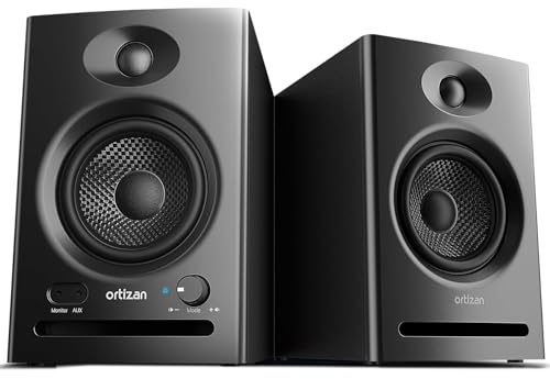 Ortizan Dual-Mode 2.0 Studio Monitors, Active Monitor Speakers Bluetooth 5.3 Wireless Computer PC, 80W Power Bookshelf Speakers, Wooden Enclosure for Recording Multimedia, Gaming, Music Production