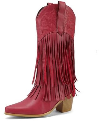 Genérico Botas Cowboy Western De Media Pierna para Mujer, Ajuste Ancho, Tacón Grueso, Bordadas Y con Flecos, Estilo Equitación,Rojo,41 EU