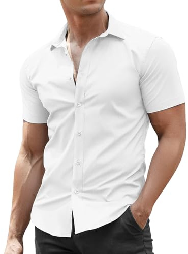 viiotu Men's Short Sleeve Dress Shirt Wrinkle Free Moisture 4-Way Stretch Comfort Soft Casual Button Down Shirts (UK, Alpha, L, Regular, Regular, White)