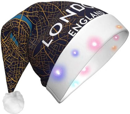 DUWAA Sombrero de Navidad iluminado con diseño de mapa de la ciudad de Londres, Inglaterra, gorro de Papá Noel iluminado con tira de luz LED colorida para adultos