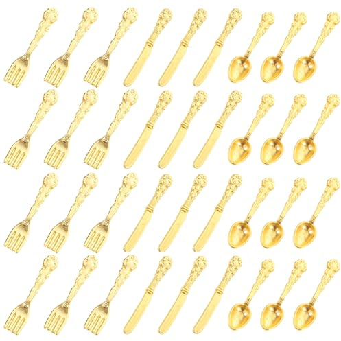 MUSISALY Set da 36 Pezzi di Mini Posate in Lega Dorata Micro Stoviglie per Casa delle Bambole Accessori Decorativi per Modellini Fai da Te Giochi di Ruolo per