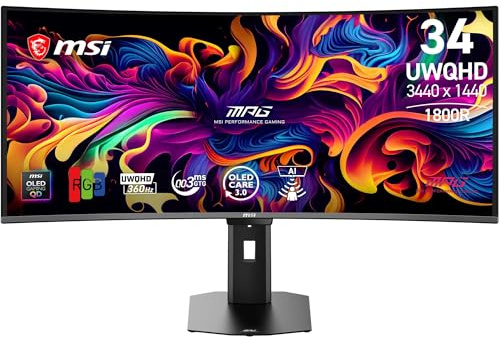MSI MPG 341CQR X36-34 UWQHD Gaming Monitor (3440x1440, 1800R), 5ª gen QD-OLED, 360Hz, 0.03ms, HDR Customization, Adaptive-Sync, KVM, HDMI 2.1, DP 2.1, USB-C (98W PD), AI Vision, Black