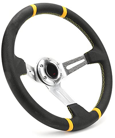 Tomantery Sport Steering Wheel Deep Dish Racing Style Hand Sewing for Auto Parts 14in/35cm Black PU Aluminum Frame