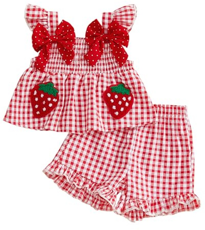 Springcmy Baby Toddler Girl Clothes Strawberry Embroidery Bow Tie Plaid Tops Dress Ruffle Shorts Set Summer Infant Shirt Outfits (A Red, 9-12 Months)
