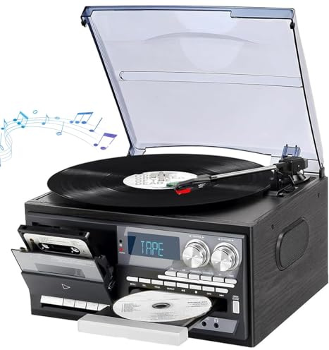 Vinylspelare Med Bluetooth Och Kassett, 3-växlad Vintage-skivspelare Cd-spelare Boombox – Inbyggda Högtalare, Fm-radio, Usb, Mindre Brus, Frostad Dammskydd, Musikcenter För Hemmet