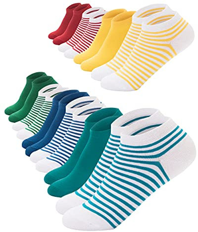 FOOTNOTE 10 Paar Sneaker Socken Mit Softbund Flacher Zehennaht Hoher Baumwollanteil Damen Herren Bunt Rot Grün Blau Gelb Türkis Gestreift in 39-42