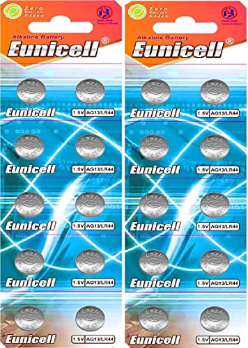 Eunicell AG13 LR44 Knopfzellen 1,5V Alkaline – 20 Stück (2 Blister à 10) – kompatibel mit A76, 357, L1154, G13 – für Uhren, Spielzeug, Taschenrechner & Elektronikgeräte