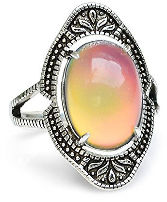 FUN JEWELS - Stimmungsring mit ovalem Stein - Farbwechsel je nach Stimmung - Antik-Silberfarben - Vintage-Stil - Messing