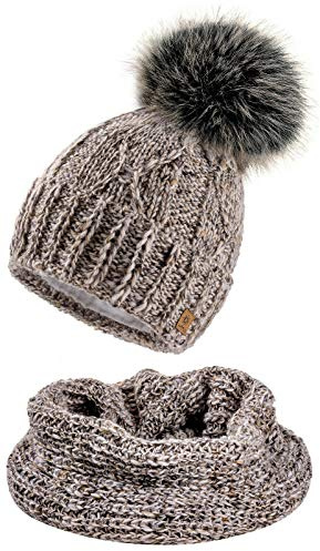 4sold Femme Set Bonnet et écharpe Alpaga d'hiver Wool Chapeau Hat Grande Pom Pom Bonnet d'hiver Chaud Doublure Polaire - Set Beige