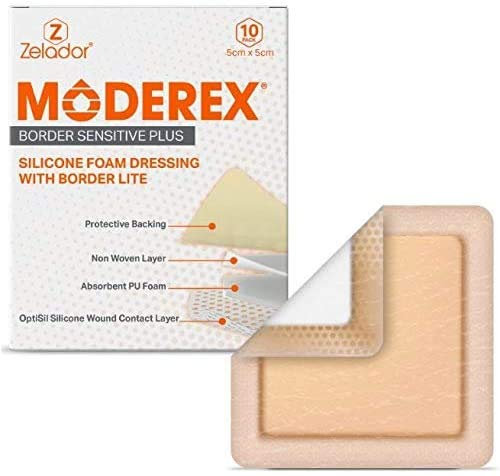 Pansement en mousse Silicone Lite (Moderex Border Sensitive Plus) avec bordure pour plaies légèrement à modérément exsudatives pour peaux sensibles 10 x 10 cm