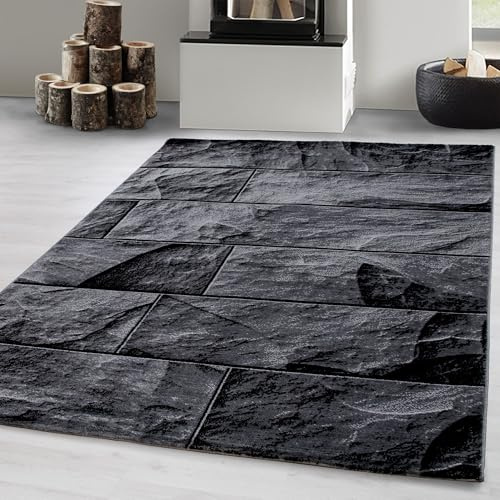Tappeti a pelo corto, colore nero, disegno in pietra, 23155, tappeto rettangolare, Tappeto soggiorno, 200 x 290 cm
