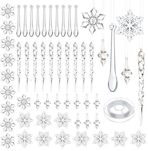 50 Piezas Acrílico Decoración Navideña Transparente Carámbanos Copo de Nieve árbol de Navidad Adornos Colgantes Conjuntos con Línea de Cristal (estilo1)