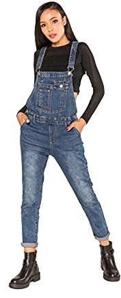 Nina Carter Dam hängselbyxor, jeans, pojkvän, denim, overall, använd look, sommaroverall, Medelblå (S512-3), XS