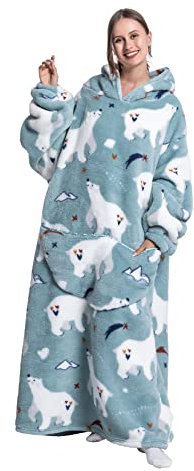 Seogva Extra Long Wearable Blanket Hoodie, Oversized Blanket Sweatshirt, Super Warm and Cozy Giant Hooded Blanket, Thick Flannel Blanket with Sleeves and Giant Pocket (Polar Bears), One Size