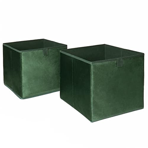 OHS Pack of 2 Matte Velvet Storage Boxes Set Home Bathroom Clothing Collapsible Foldable Toys Pop Up Folding Cube Box, Forest Green