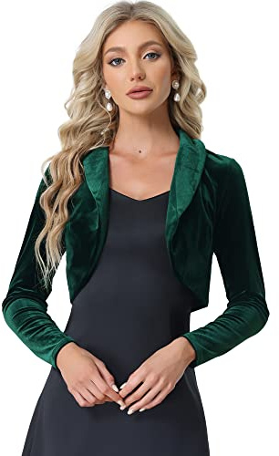 Allegra K Elegante coprispalle in velluto per donna aperto davanti manica lunga bolero crop cardigan, Verde scuro, M