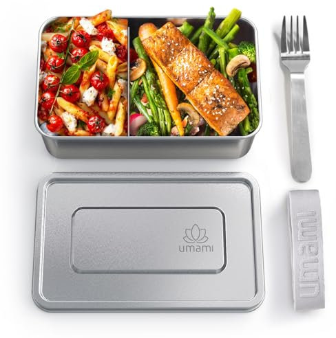 Umami Scatola Pranzo in Acciaio con forchette e divisore regolabile, adatta al microonde e lavabile in lavastoviglie, contenitori pranzo in acciaio inossidabile ermetici