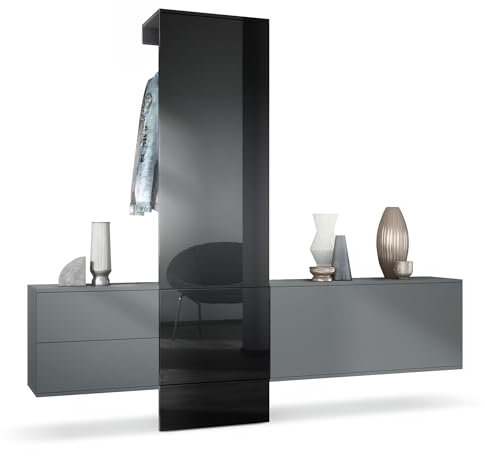Vladon Garderobe Carlton Set 1, Made in Germany, Flur-Garderobe aus Deko-paneel, Schubladen-Kommode & Schuhschrank, Anthrazit matt/Schwarz Hochglanz (209 x 193 x 35 cm)