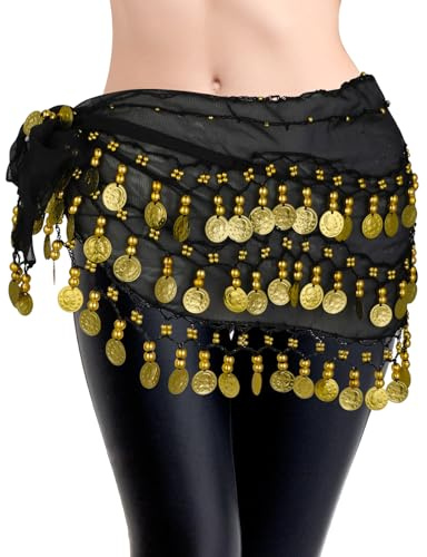 KALIONE Belly Dance Hip Scarf, Chiffon Belly Dancing Outfit Skirt Wrap Professional Hip Scarf with 128-Gold Coins for Women Girls Yoga Belly Dancing, Black