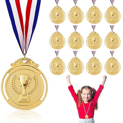 Ksvaye 12 Stück Medaillen Kinder Gold Medaillen Kindergeburtstag Goldmedaille Medaille Metall Gewinner Medaillen mit Gravur Trophäen Muster und Band für Kinder Erwachsene Fussball Sport Olympischer