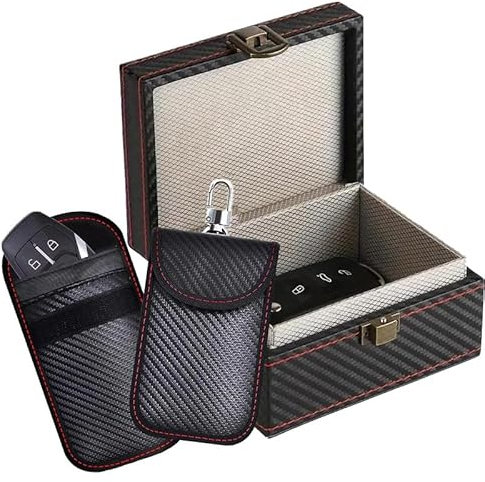 2 UR DOOR Faraday Box and Key Fob Protector Pouch Bundle – Ultimate RFID Signal Blocking Box and Pouches - Keyless Entry Protection for Cars (1 Faraday Box, 2 Faraday Pouches)