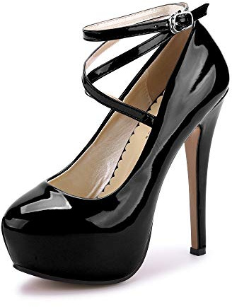 Tianerhay Womens Platform High Heels Round Toe Cross Strap Stiletto Pumps for Party Wedding PU Black Tag Size 44 - UK 9