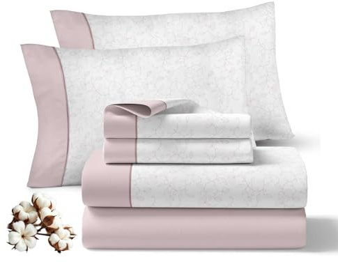 Juego de Sabanas 150x200CM 4 Piezas 100% Algodón 144 Hilos Ajuste preciso colchon 30CM Suaves Transpirables Lavables Diarias Cama Ropa Hogar Serenity Maquillaje 2 Fundas Almohada