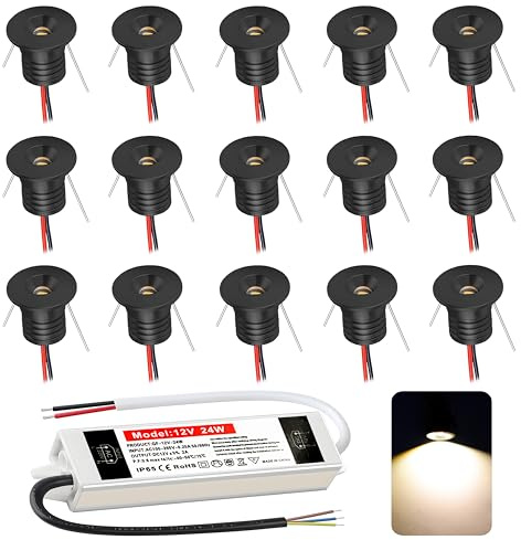 DYKUWEY Mini Faretti Led Soffitto 12V 1W, Faretti Led da Incasso per Cartongesso, IP65 Faretto LED Foro 15-18mm,faretti da incasso per Luci Cucina Bagno Camper, set di 15 (Nero Bianco Caldo 3000k)