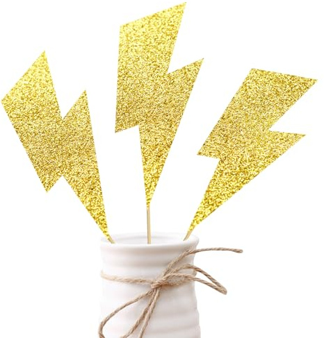 Lightning Centerpiece Sticks Flash Weather Party Decorations 12PCS Glitter Gold Lightning Bolt Table Topper Decor for Yellow Lightning Birthday Party Baby Shower Supplies