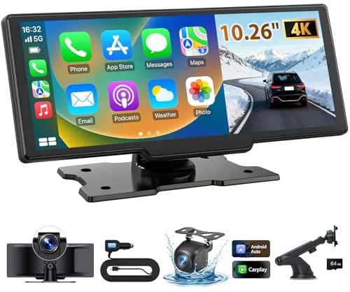 Wireless Carplay & Android Auto 10.26 Screen | Apple Car Play with 4K Dash Cam & Reversing Camera | GPS Navigation & Voice Control | Carplay Screen for Car Easy Fit Cars, SUVs, Vans(ADAS)