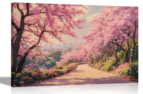 Artley Prints - City Park Spring Blooming Cherry Trees Canvas Wall Art Pictures For Home Office Conservatory Landscape Prints Extra Large 101 x 76cm (40 x 30 inches)