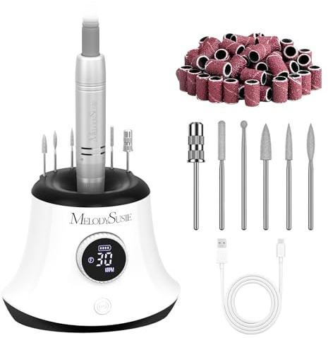 MelodySusie Rechargeable Nail Drill 30000RPM SC320G Electric Nail File with Bits & Sanding Bands for Acrylic & Gel Nails, Professional Efile with LED Display for Manicure Pedicure Polishing (White)