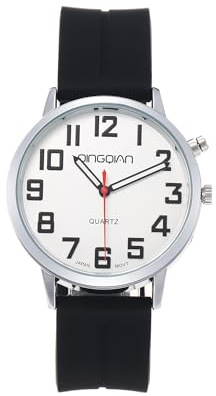 QINGQIAN Grande orologio parlante inglese per non vedenti, ipovedenti o anziani, cassa in argento, cinturino in silicone nero