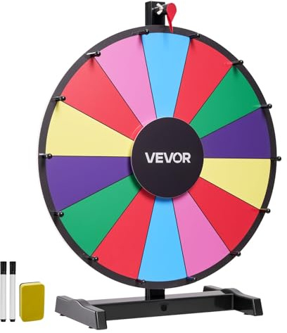 VEVOR Roue de loterie 457,2 mm, Roue de la Fortune rotative sur Table à 14 emplacements avec Support, Roulette de Fortune avec effaçable à Sec et 2 marqueurs, 6 Couleurs, pour fête, Salon, Carnaval