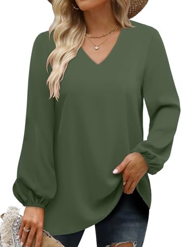 CHICZONE Womens Blouse Long Sleeve Shirts Ladies V Neck Fall Winter Solid Pullover Tops Balloon Sleeves Cute Work Trendy Army Green