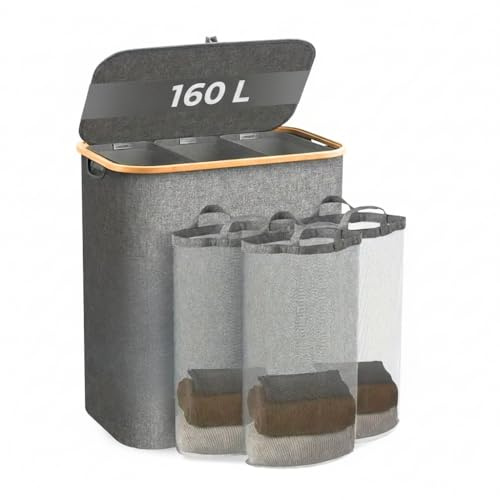 Cesto Porta Biancheria 160 L con Coperchio e 3 Scomparti, Grande Cesto per Bucato Pieghevole con Sacco Interno Rimovibile e Maniglie, Ideale per Bagno, Camera e Lavanderia