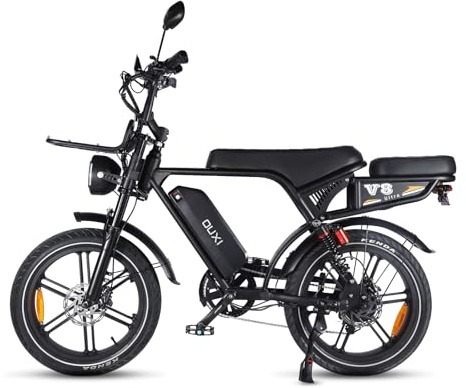 OUXI Ultra Bici Elettrica Fat Bike 20, Motore 250W 60Nm, Batteria 48V 15Ah, Freni Idraulici, Full Suspension, Portapacchi Anteriore e Posteriore, Altoparlante Bluetooth, Vintage E-Bike (V8Ultra)