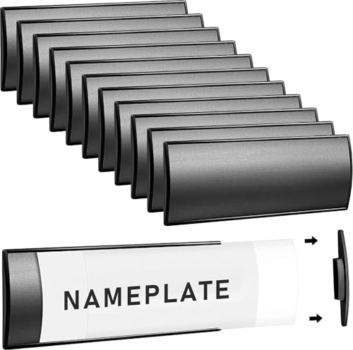 Lot de 12 Porte-Plaques Nominatives en Aluminium pour Porte de Bureau, Supports Muraux Robustes, Porte-Noms Métal Incurvés 8×21cm avec Film Plastique et Ruban Adhésif, pour Bureau, Salle et Mur, Noir