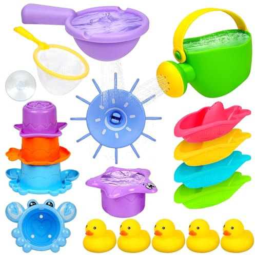 Vicloon 16 Pezzi Giocattoli da Bagno, Giochi Bagnetto, Giocattoli da Bagno Morbido, con Barchette da Bagno Impilabili, Cucchiaio, Paperella di Gomma e Retino, Adatto all'Uso Durante Il Bagno