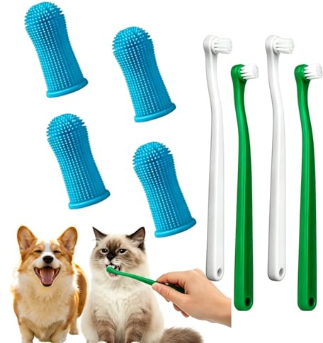 Cat Toothbrush Set with 4 Pcs Pet Toothbrushes and 4 Pcs Blue Finger Set Toothbrush, Gentle Cat Tooth Brush, Durable and Wear-Resistant Kitten Toothbrush, for Small to Large Dogs Cats