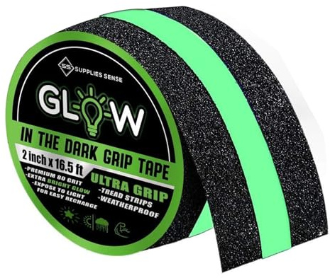 Supplies Sense Anti-Slip Grip Tape Strips 2 x16.5ft, Non-Slip Traction Tape, Weatherproof Safety Adhesive Grip Treads with Glow in The Dark Strip, in/Outdoor Abrasive Tape for Stairs, Non-Skid Steps