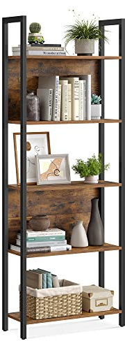 VASAGLE Bookcase, Storage Shelf, Kitchen Shelf, 5 Tiers, Stable Steel Frame, for Office, Entrance, Living Room, Industrial Style, Rustic Brown and Black LLS025B01