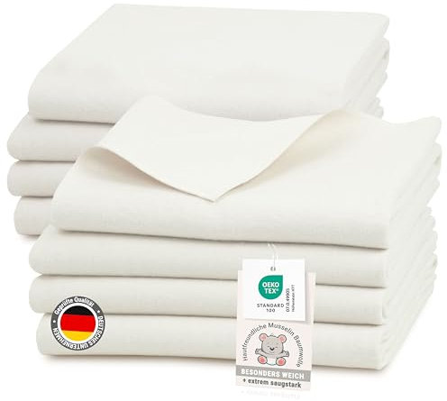 ZOLLNER 8er Set Moltontücher in 80x80 cm aus Baumwolle - saugstarke Wickelunterlage - weich und wärmend - waschbar bis 95°C - in naturweiß - Oeko Tex® Zertifiziert
