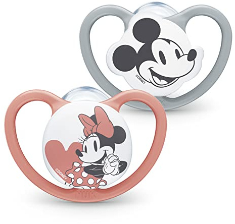 NUK Tétine Space | 6-18 mois | Sucettes avec aérations extra-larges | Silicone sans BPA | Disney Mickey et Minnie Mouse, gris et rose | 2 unités
